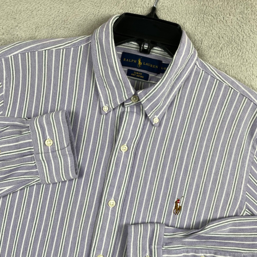 Ralph Lauren Shirt Men Large Slim Purple Striped Knit Oxford Flesh Pony Button